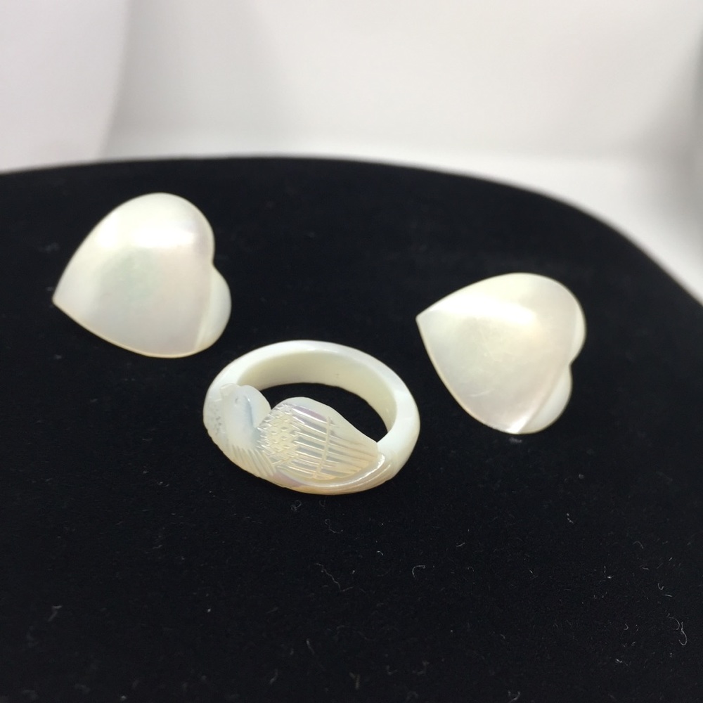 Mother of pearl Earring Ring Set heart Swan shape